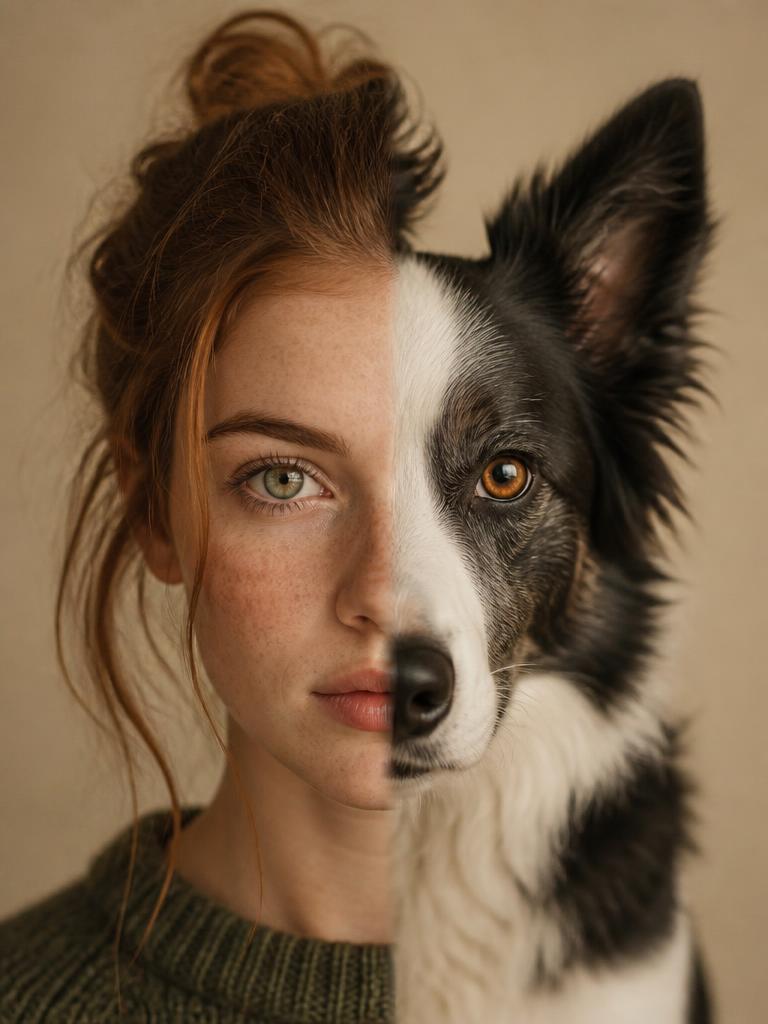 Half border collie, half human woman portrait