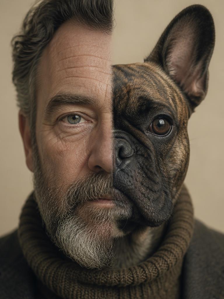 Half french bulldog, half bearded man portrait