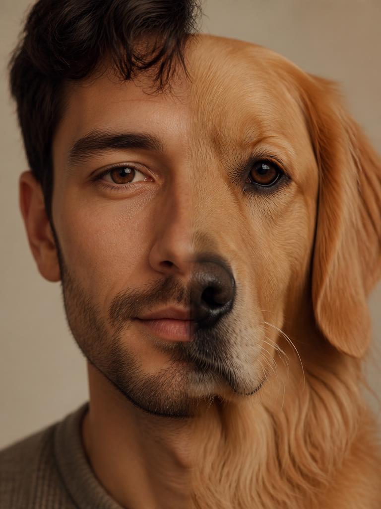 Half golden retriever, half human man portrait